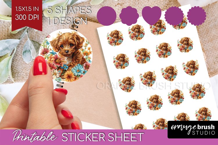Floral Dog Round Sticker - Flowers Printable Sticker Sheet example image 1