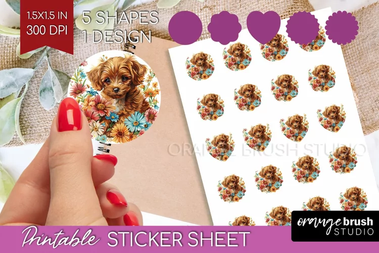 Floral Dog Round Sticker - Flowers Printable Sticker Sheet