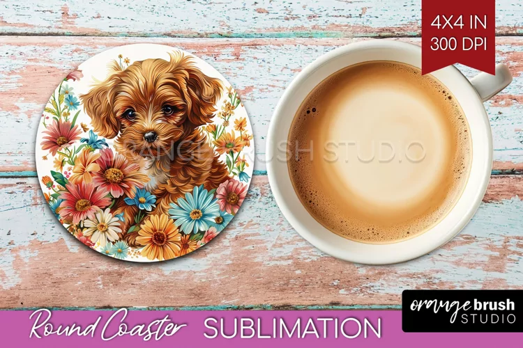 Floral Dog Round Coaster - Flowers Coaster PNG Sublimation