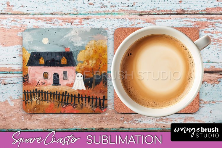 Ghost Coaster - Halloween Square Coaster Sublimation Design