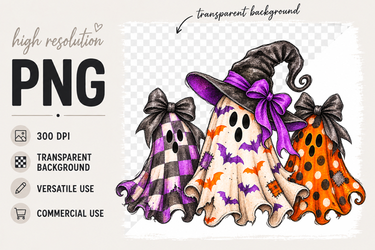 Ghost Trio Halloween Bow Clipart PNG Design