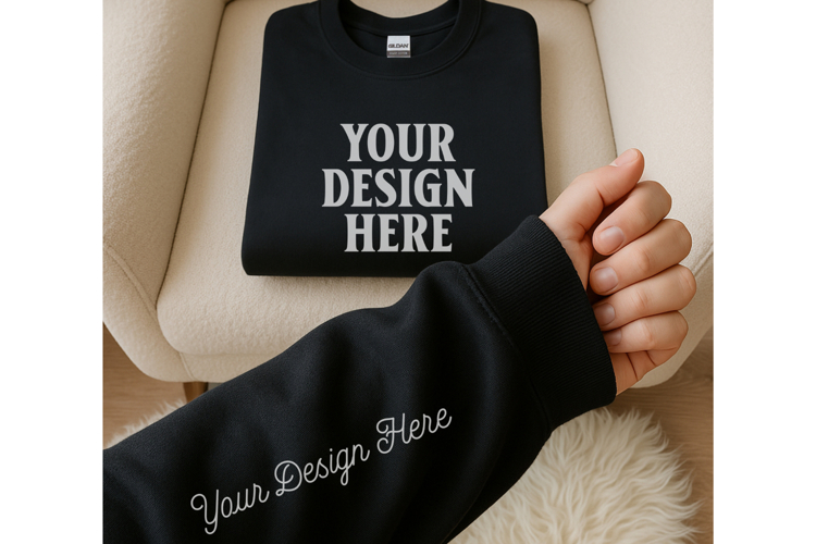 Gildan 18000 Black Sleeve Sweatshirt Mockup | Cozy Crewneck
