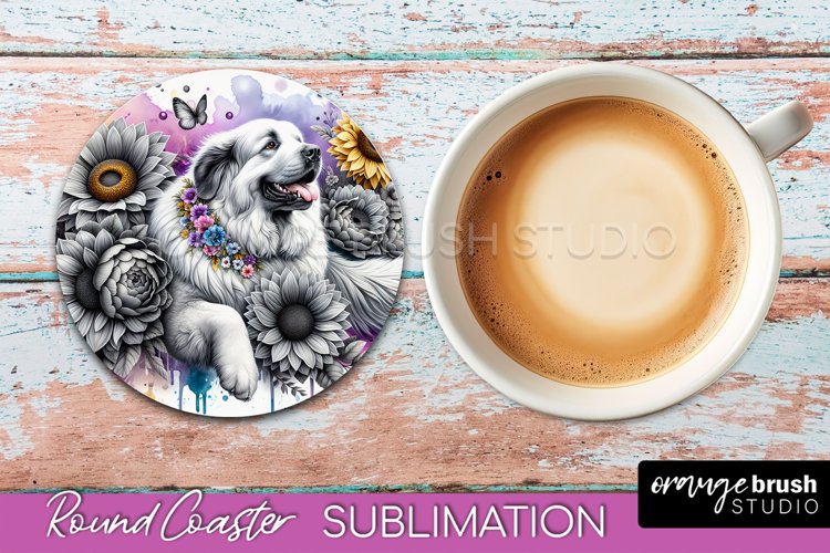 Great Pyrenees Round Coaster Dog Sublimation Floral PNG