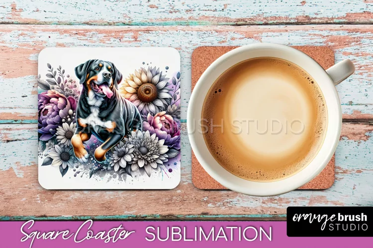 Greater Swiss Mountain Square Coaster Dog Sublimation Floral