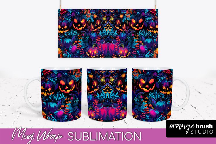 Neon Halloween Mug Wrap - Spooky Mug Sublimation Designs example image 1