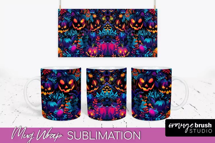 Neon Halloween Mug Wrap - Spooky Mug Sublimation Designs