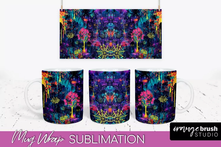 Neon Halloween Mug Wrap - Spooky Mug Sublimation Designs