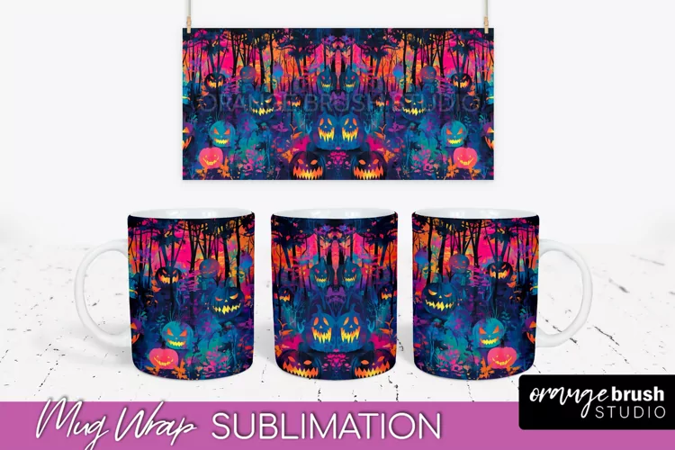 Neon Halloween Mug Wrap - Spooky Mug Sublimation Designs