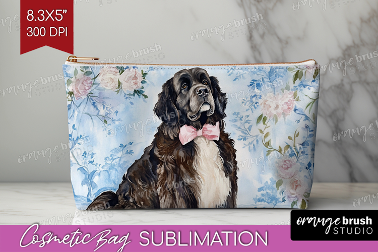 Newfoundland Dog Cosmetic Bag Floral Dog Makeup Bag PNG