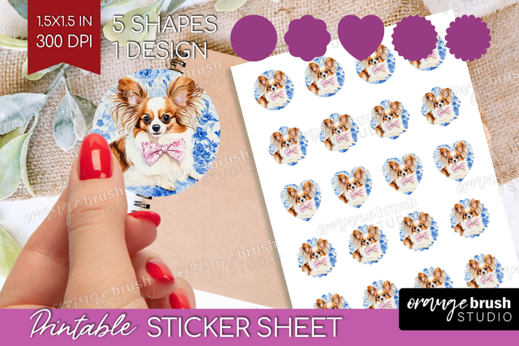 Papillon Dog Round Sticker Floral Dog Printable Sticker
