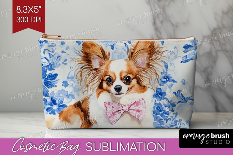 Papillon Dog Cosmetic Bag Floral Dog Makeup Bag PNG