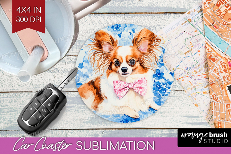 Papillon Dog Car Coaster Floral Dog Coaster PNG Sublimation