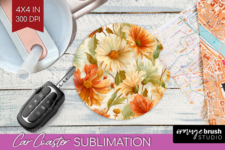 Pastel Flowers Car Coaster - Summer Coaster PNG Sublimation