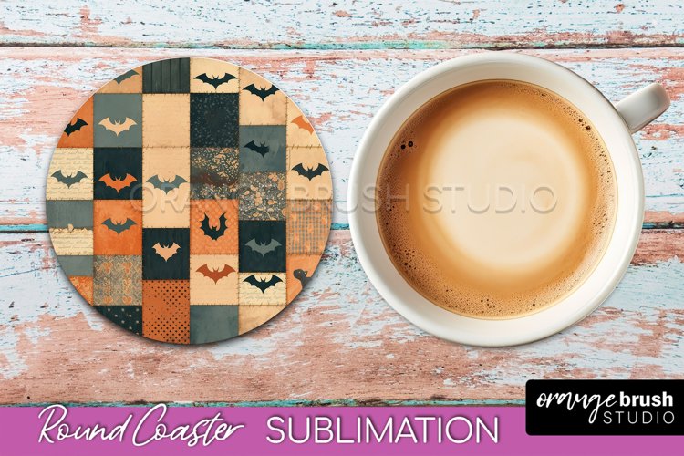 Ghost Coaster, Patchwork Halloween Round Coaster Sublimation example image 1