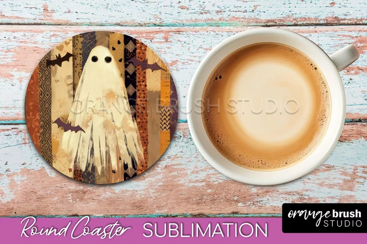 Ghost Coaster, Patchwork Halloween Round Coaster Sublimation