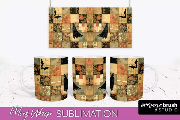 Ghost Mug Wrap - Patchwork Halloween Mug Sublimation