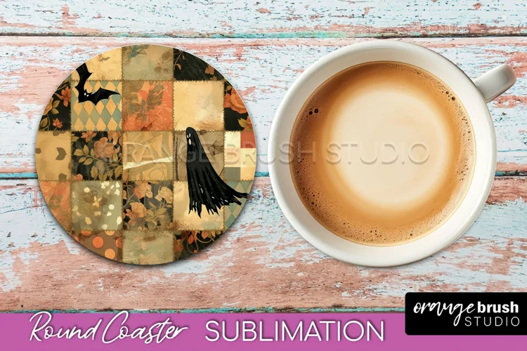 Ghost Coaster, Patchwork Halloween Round Coaster Sublimation