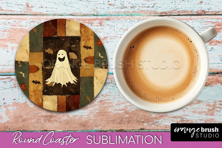 Ghost Coaster, Patchwork Halloween Round Coaster Sublimation