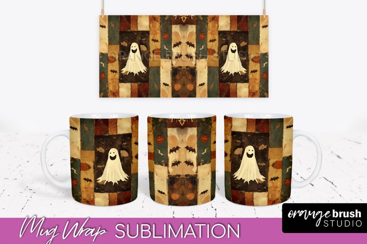 Ghost Mug Wrap - Patchwork Halloween Mug Sublimation example image 1