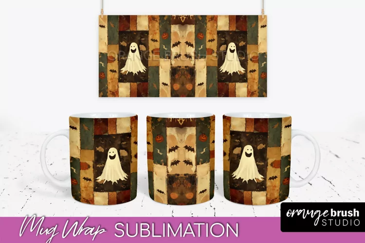 Ghost Mug Wrap - Patchwork Halloween Mug Sublimation