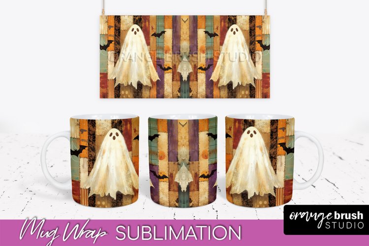 Ghost Mug Wrap - Patchwork Halloween Mug Sublimation example image 1