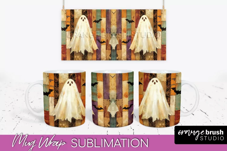 Ghost Mug Wrap - Patchwork Halloween Mug Sublimation