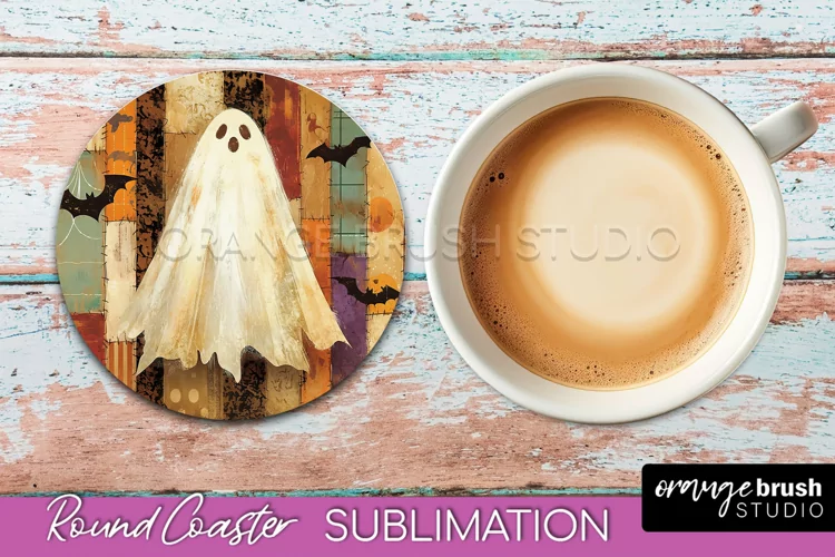 Ghost Coaster, Patchwork Halloween Round Coaster Sublimation