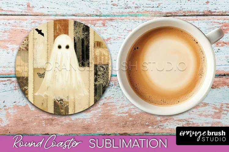 Ghost Coaster, Patchwork Halloween Round Coaster Sublimation