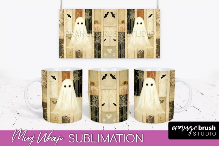 Ghost Mug Wrap - Patchwork Halloween Mug Sublimation