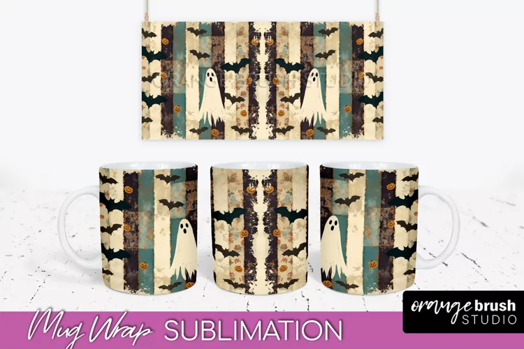 Ghost Mug Wrap - Patchwork Halloween Mug Sublimation