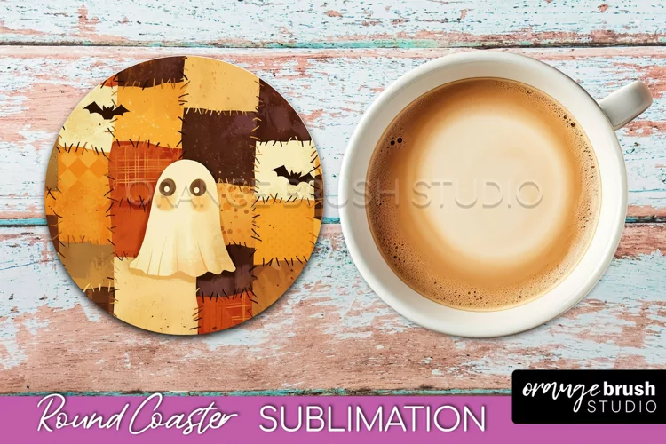 Ghost Coaster, Patchwork Halloween Round Coaster Sublimation