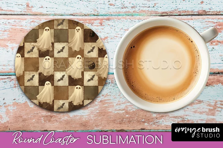 Ghost Coaster, Patchwork Halloween Round Coaster Sublimation