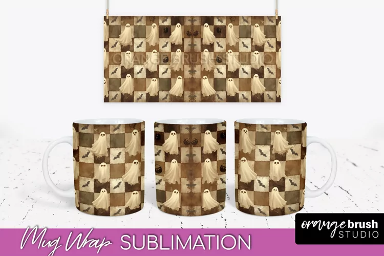 Ghost Mug Wrap - Patchwork Halloween Mug Sublimation