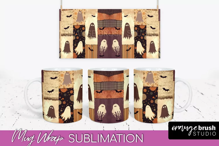 Ghost Mug Wrap - Patchwork Halloween Mug Sublimation