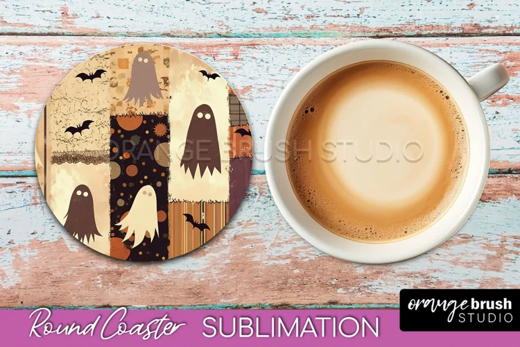 Ghost Coaster, Patchwork Halloween Round Coaster Sublimation