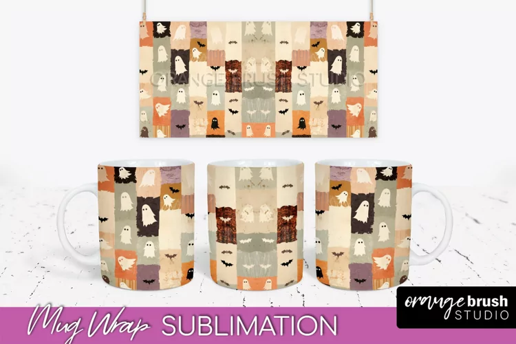 Ghost Mug Wrap - Patchwork Halloween Mug Sublimation