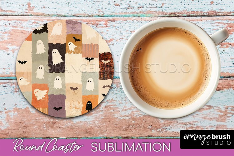 Ghost Coaster, Patchwork Halloween Round Coaster Sublimation example image 1