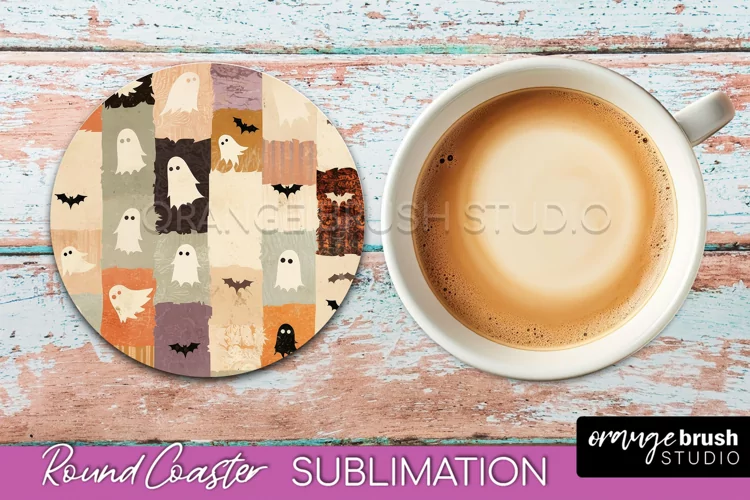 Ghost Coaster, Patchwork Halloween Round Coaster Sublimation