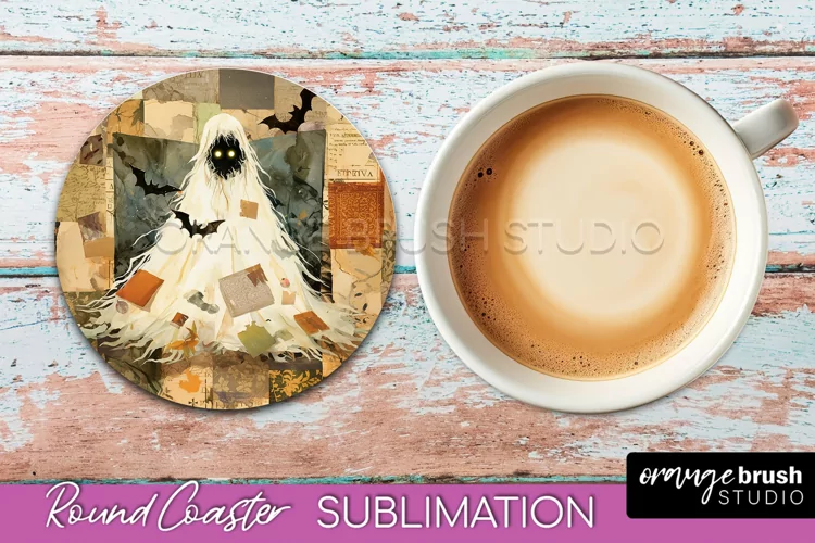 Ghost Coaster, Patchwork Halloween Round Coaster Sublimation
