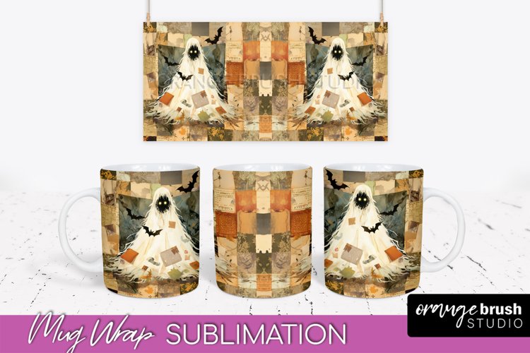 Ghost Mug Wrap - Patchwork Halloween Mug Sublimation example image 1