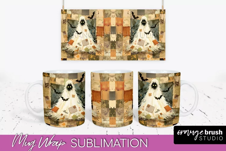 Ghost Mug Wrap - Patchwork Halloween Mug Sublimation