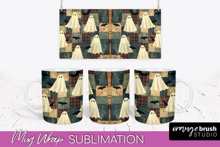 Ghost Mug Wrap - Patchwork Halloween Mug Sublimation example image 1