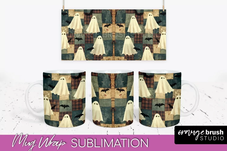 Ghost Mug Wrap - Patchwork Halloween Mug Sublimation