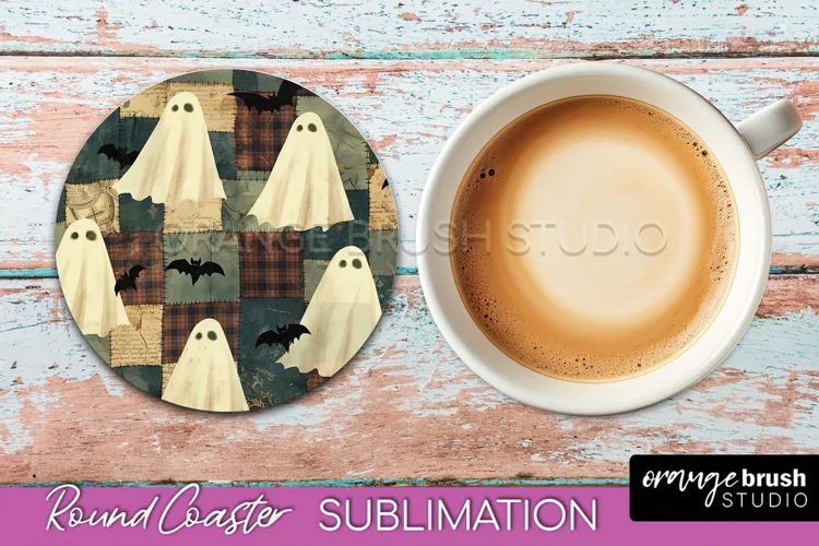 Ghost Coaster, Patchwork Halloween Round Coaster Sublimation