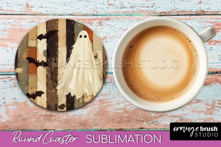 Ghost Coaster, Patchwork Halloween Round Coaster Sublimation