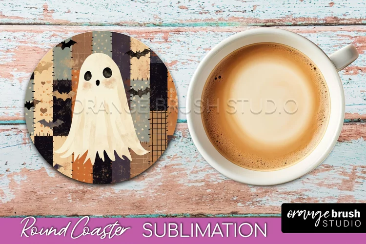 Ghost Coaster, Patchwork Halloween Round Coaster Sublimation