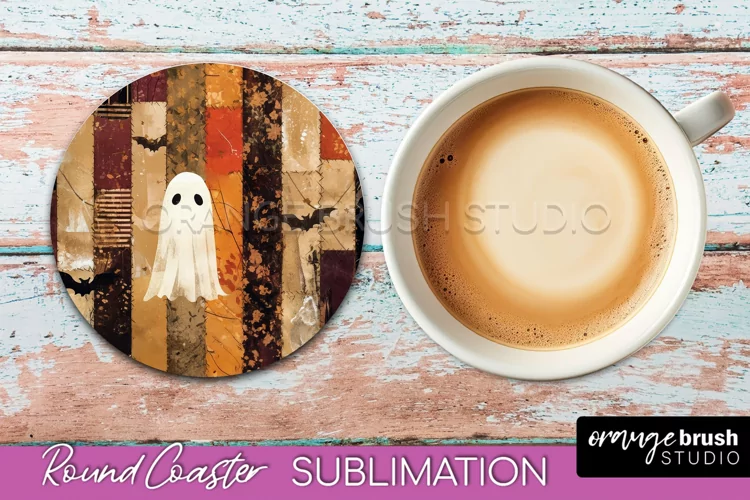 Ghost Coaster, Patchwork Halloween Round Coaster Sublimation