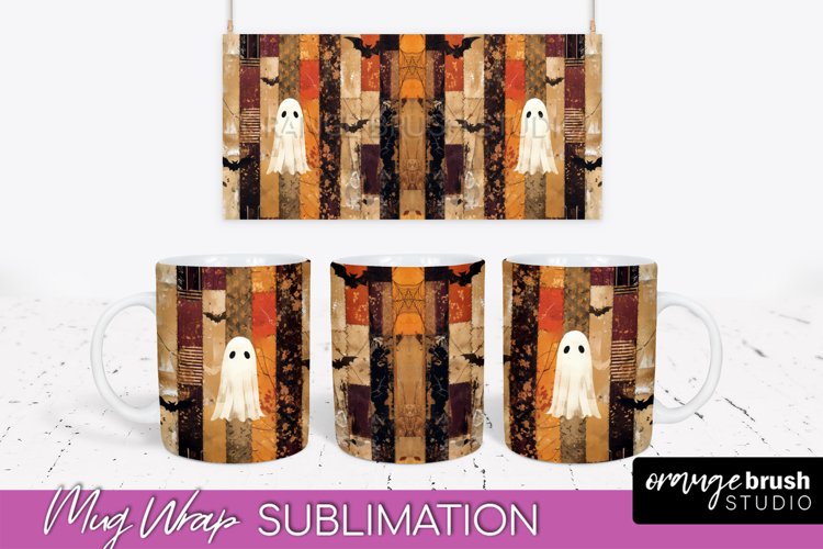 Ghost Mug Wrap - Patchwork Halloween Mug Sublimation example image 1