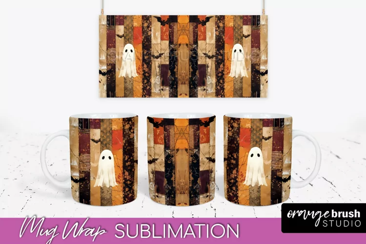 Ghost Mug Wrap - Patchwork Halloween Mug Sublimation