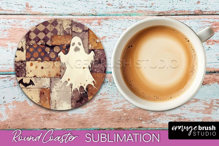 Ghost Coaster, Patchwork Halloween Round Coaster Sublimation